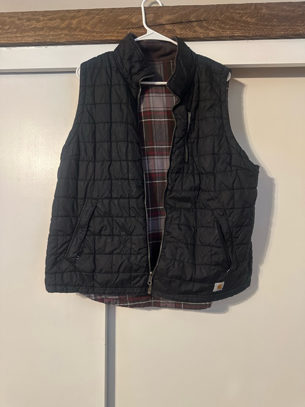 Carhartt Black Quilted Vest with Red Plaid Lining